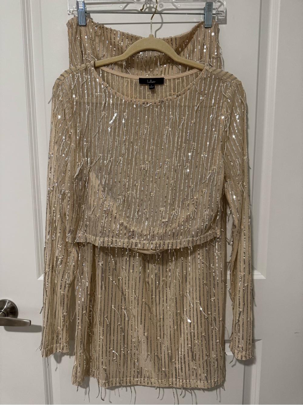 Lulu's Champagne Sequin Long-Sleeve Crop Top with skirt set